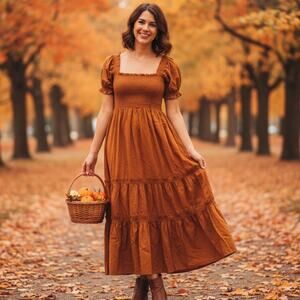 Anthropologie O.P.T. Daphne Smocked Tiered Maxi Dress In Marigold Size Large New